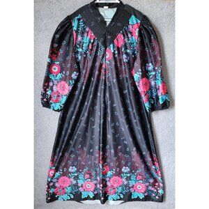 Vtg Tiger Lily Women's Long Sleeve Maxi Nightgown Sleepwear Black Floral Sz 3X